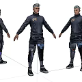 Game and Movie Character in Dark Futuristic Outfit With Protective Gear and Blue Accents