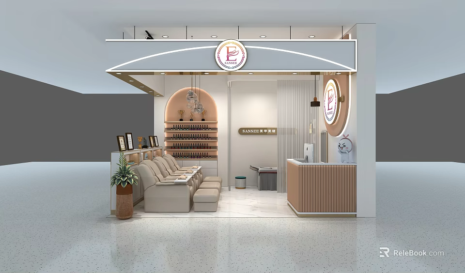 Elegant Modern Beauty Hair Salon Interior With Comfortable Sofa Product Shelves And Reception Desk 3d model 