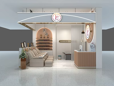 Elegant Modern Beauty Hair Salon Interior With Comfortable Sofa Product Shelves And Reception Desk 3d model