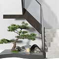 Elegant Marble Staircase Interior With Black Handrail Pine Tree Lantern And Rocks 3d model