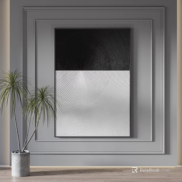 Black And White Abstract Wall Art With Concentric Patterns Green Plant And Gray Frame 3d model