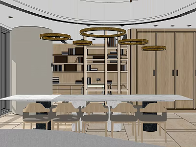 Modern Restaurant Interior With Long Dining Table Chairs Bookshelves And Circular Pendant Lights 3d model
