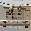 Modern Restaurant Interior With Long Dining Table Chairs Bookshelves And Circular Pendant Lights