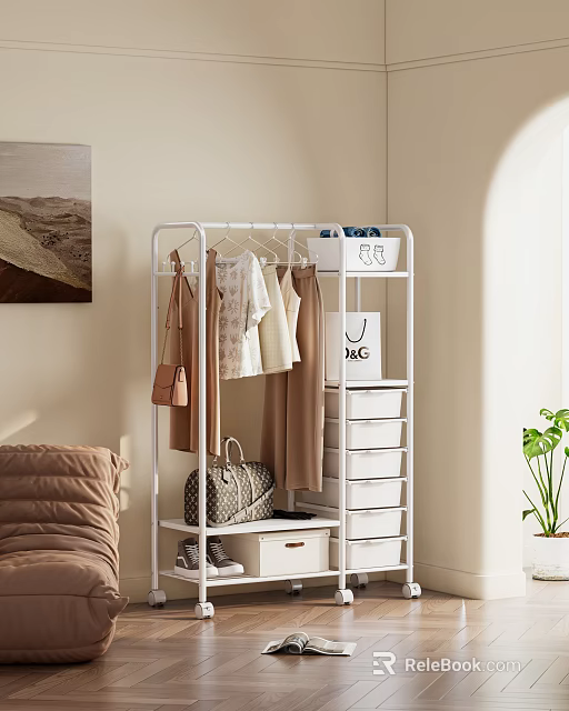 White Multifunctional Clothing Storage Rack with Hanging Clothes Bags Shoes and Drawers 3d model 