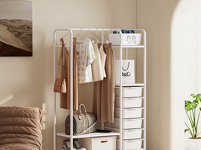 White Multifunctional Clothing Storage Rack with Hanging Clothes Bags Shoes and Drawers 3d model
