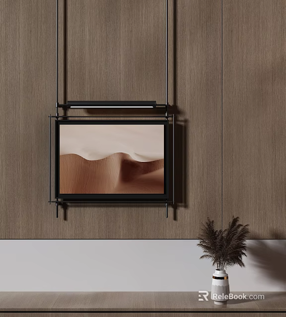 Wooden Wall Decor With Hanging Sand Dunes Painting And Plant Accent 3d model 