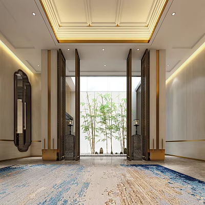 Modern Foyer Hallway Interior With Ceiling Lighting And Potted Bamboo Plants Decorative Mirror 3d model