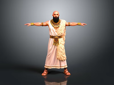 Ancient Egyptian Male In Robes With Gold Necklace Belt Sandals Arms Outstretched On Gray Background 3d model