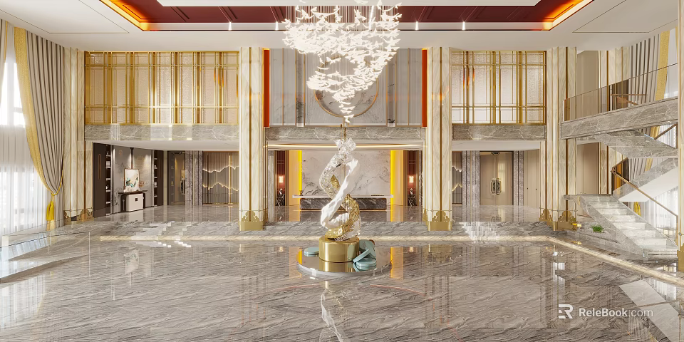 Elegant Hotel Lobby Interior With Crystal Chandelier Marble Floor And Decorative Sculpture 3d model 
