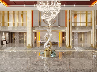Elegant Hotel Lobby Interior With Crystal Chandelier Marble Floor And Decorative Sculpture 3d model