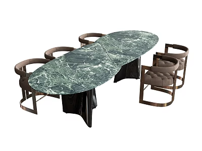 Elegant Upholstered Dining Chairs With Metal Frame Around Green Marble Oval Table 3d model
