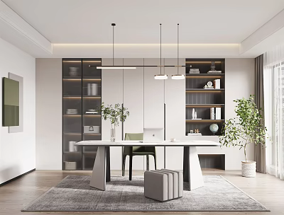 Modern Study Room Interior Design With Wooden Desk Built in Bookshelves And Green Plants 3d model