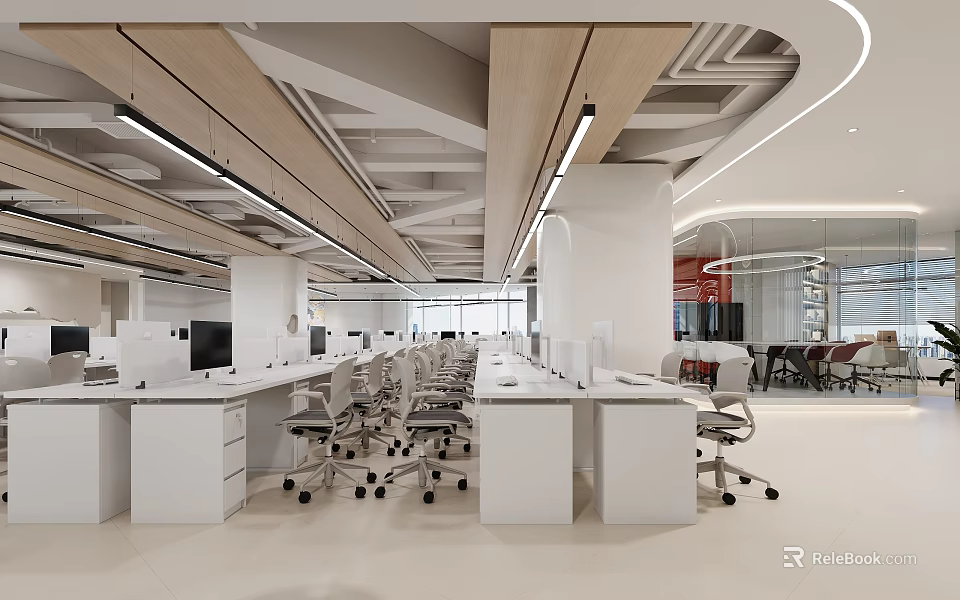 Modern Open Plan Office with White Desks Wooden Ceiling Computers Office Chairs and Large Windows 3d model 