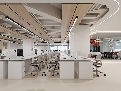 Modern Open Plan Office with White Desks Wooden Ceiling Computers Office Chairs and Large Windows 3d model