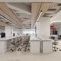 Modern Open Plan Office with White Desks Wooden Ceiling Computers Office Chairs and Large Windows