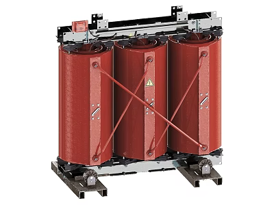 Industrial Equipment Transformer With Three Red Cylindrical Components And Metal Frame 3d model