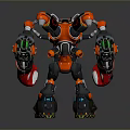 Red and Black Mechanical Game and Movie Character with Large Arms and Green Accents