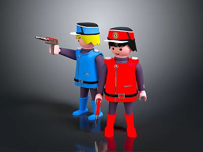 Plastic Toy Figures In Blue Red Uniforms With Red Hats And Toy Gun Knife 3d model
