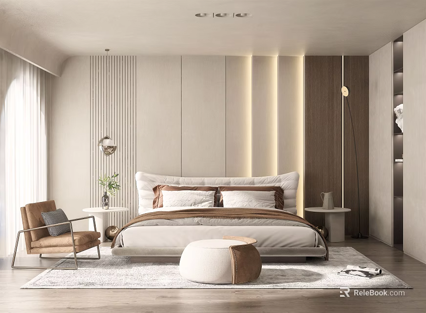Modern Bedroom Interior Design With Bed Striped Headboard Armchair And Area Rug 3d model 