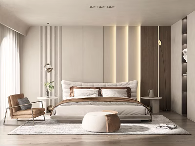Modern Bedroom Interior Design With Bed Striped Headboard Armchair And Area Rug 3d model