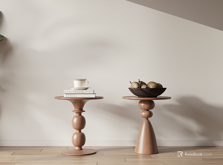 Modern Round Wooden Side Tables with Books Cup Fruit Bowl on Light Wall Wooden Floor 3d model 