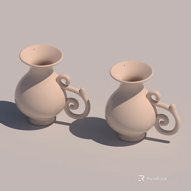 Two Light Colored Ceramic Vessels With Curved Handles 3d model