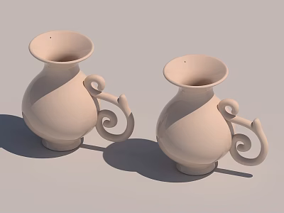 Two Light Colored Ceramic Vessels With Curved Handles 3d model