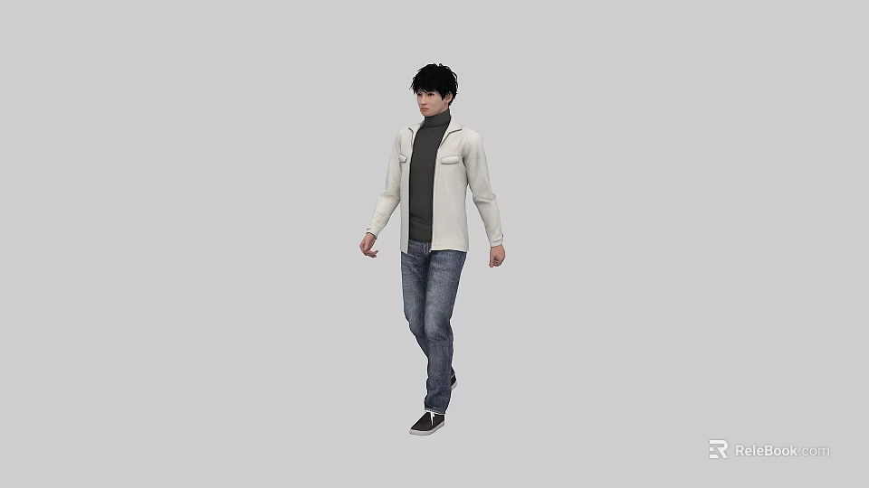 A Man Walking Wearing White Jacket Gray Turtleneck Blue Jeans And Black Shoes 3d model 