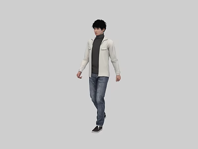 A Man Walking Wearing White Jacket Gray Turtleneck Blue Jeans And Black Shoes 3d model