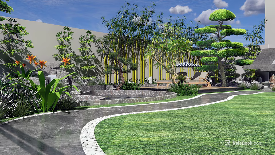 Garden Landscape Design With Bamboo Pruned Trees Curved Pathway And Lounge Chairs 3d model 