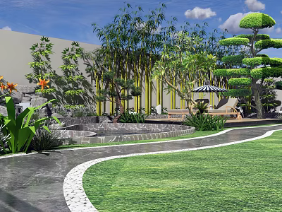 Garden Landscape Design With Bamboo Pruned Trees Curved Pathway And Lounge Chairs 3d model