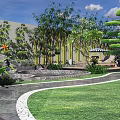 Garden Landscape Design With Bamboo Pruned Trees Curved Pathway And Lounge Chairs
