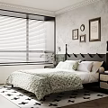Stylish Bedroom Interior With Wooden Bed Framed Wall Art And Star Pattern Rug