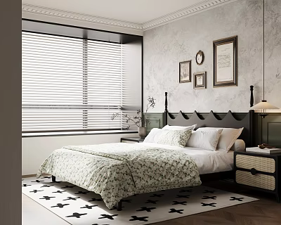 Stylish Bedroom Interior With Wooden Bed Framed Wall Art And Star Pattern Rug 3d model
