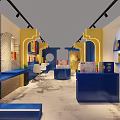 Modern Commercial Interior Design With Yellow Blue Walls Blue Counters White Chairs And Patterned Floor