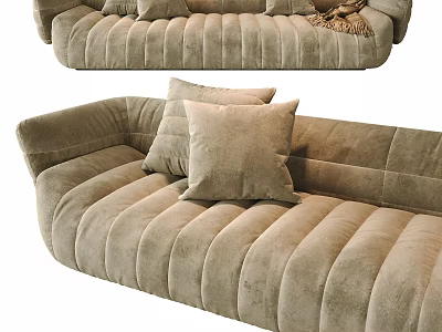 Beige Velvet Sectional Sofa With Tufted Design Decorative Cushions And Throw Blanket 3d model