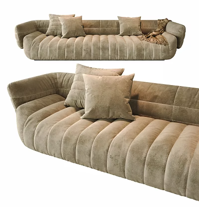 Beige Velvet Sectional Sofa With Tufted Design Decorative Cushions And Throw Blanket 3d model