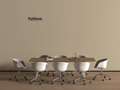 Modern Wooden Conference Table With White Rolling Chairs And Beige Poliform Wall 3d model