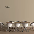 Modern Wooden Conference Table With White Rolling Chairs And Beige Poliform Wall