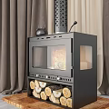 Modern Black Fireplace With Burning Flames Stacked Firewood And Kettle