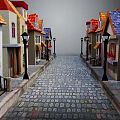 Charming Quaint Street Scene With Colorful Houses Cobblestone Path And Vintage Street Lamps