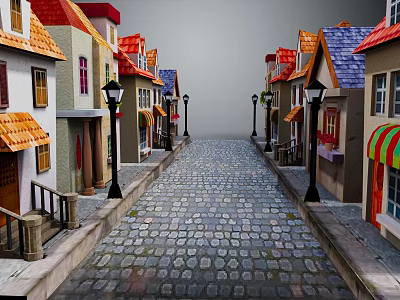 Charming Quaint Street Scene With Colorful Houses Cobblestone Path And Vintage Street Lamps 3d model