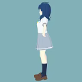 Young Woman In School Uniform With White Shirt Gray Pleated Skirt And Blue Hair