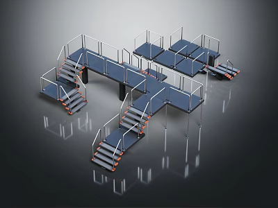 Modular Industrial Metal Platform and Staircase Structure with Handrails Stairs and Reflective Blue Silver Surfaces 3d model