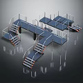 Modular Industrial Metal Platform and Staircase Structure with Handrails Stairs and Reflective Blue Silver Surfaces