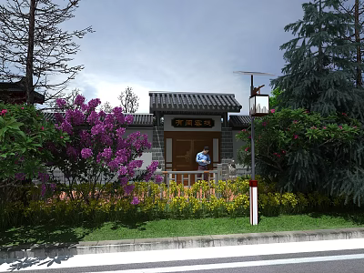 Chinese Style Wooden Entrance Gate with Purple Flowers Green Trees Street Lamp and Lawn Around 3d model