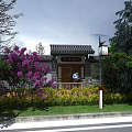 Chinese Style Wooden Entrance Gate with Purple Flowers Green Trees Street Lamp and Lawn Around
