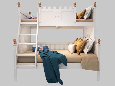 White Castle Design Bunk Bed With Ladder Pillows And Blanket On Lower Bunk 3d model