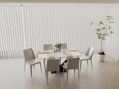 Modern Dining Room With White Blinds Six Chairs Vase Tableware Green Plant And Wooden Floor 3d model
