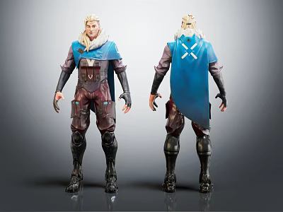 Fantasy Character Design Featuring Blonde Hair Blue Cape And Armor Front Back View 3d model